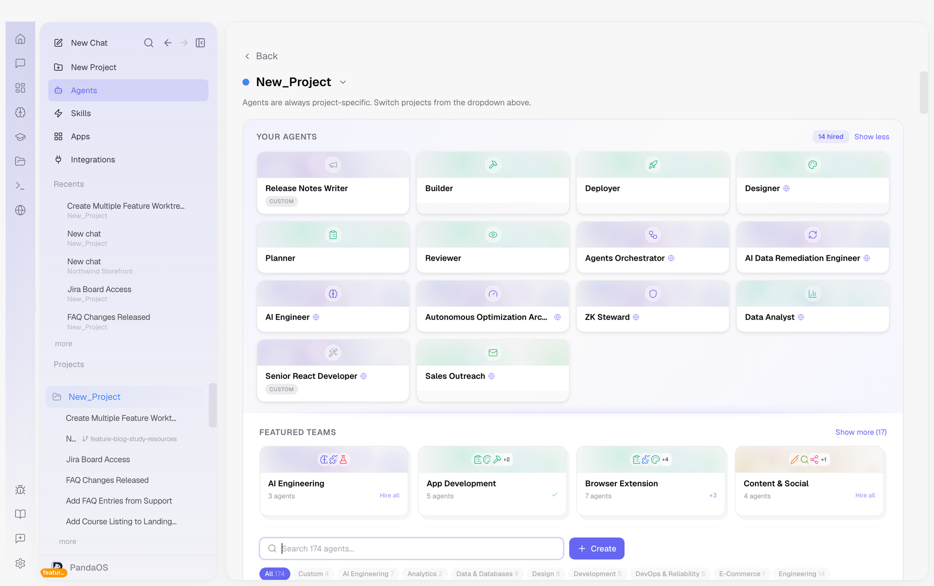 Customize, on Agents: the agents hired for each project. Add agent opens the roster with the featured teams.