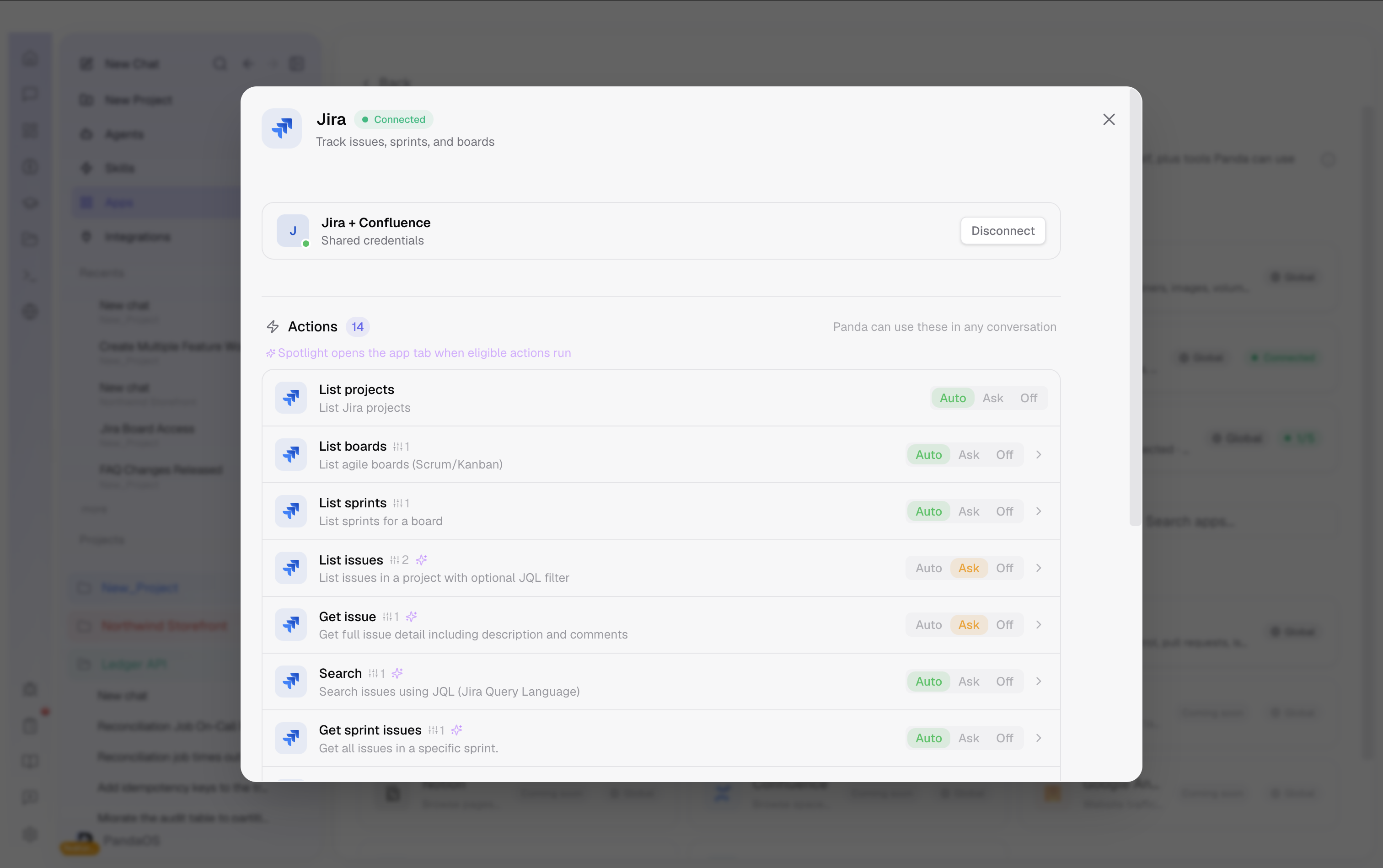 An app's Actions list: each tool set to Auto, Ask or Off.