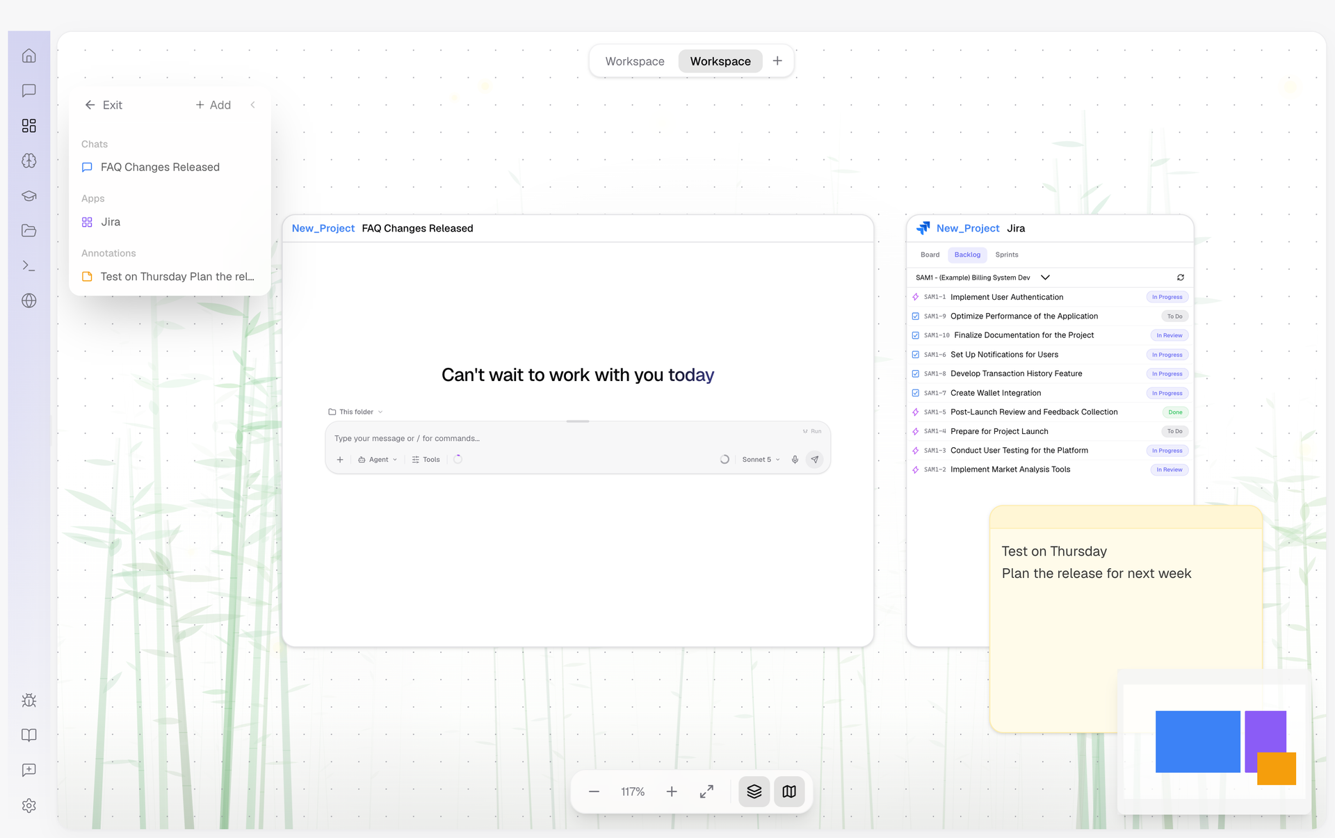 A canvas holding a chat, the Jira app and a note side by side.