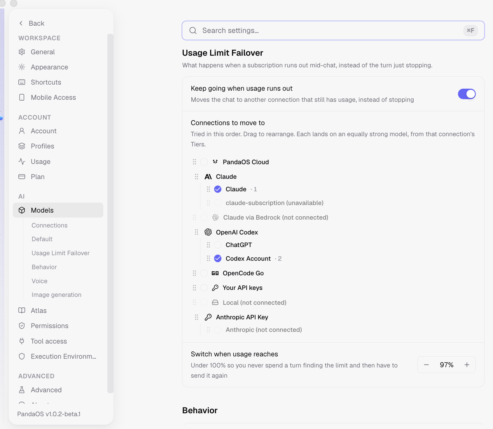 Settings, Models, Usage Limit Failover. The switch, the ordered chain of connections a blocked chat moves through, and the usage level it fires at.