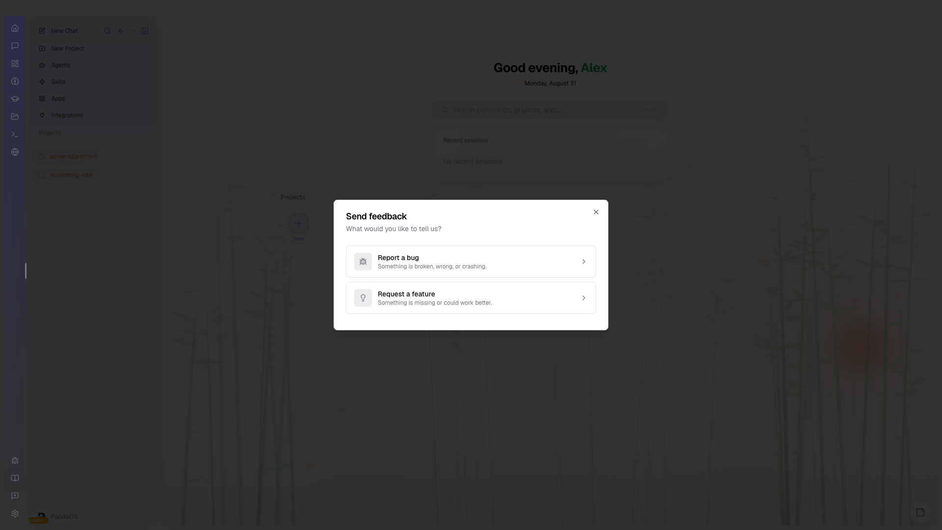 The Support dialog, where a bug report or a feature request is sent.