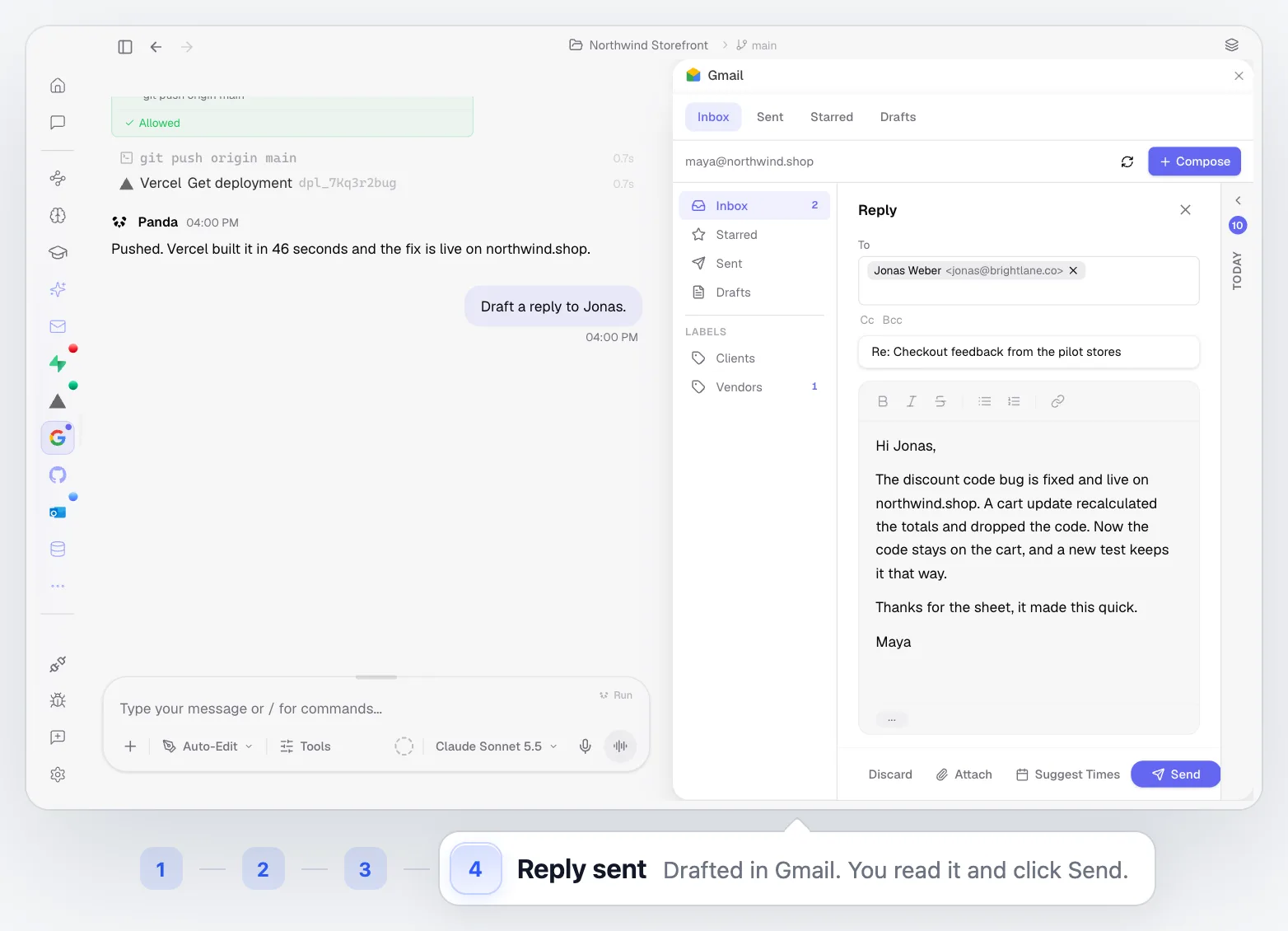 A customer's bug report email sent into a PandaOS chat, the cause found, a failing test made to pass, the fix checked in the built-in browser, shipped to Vercel after approval, and the reply to the customer reviewed in Gmail and sent.