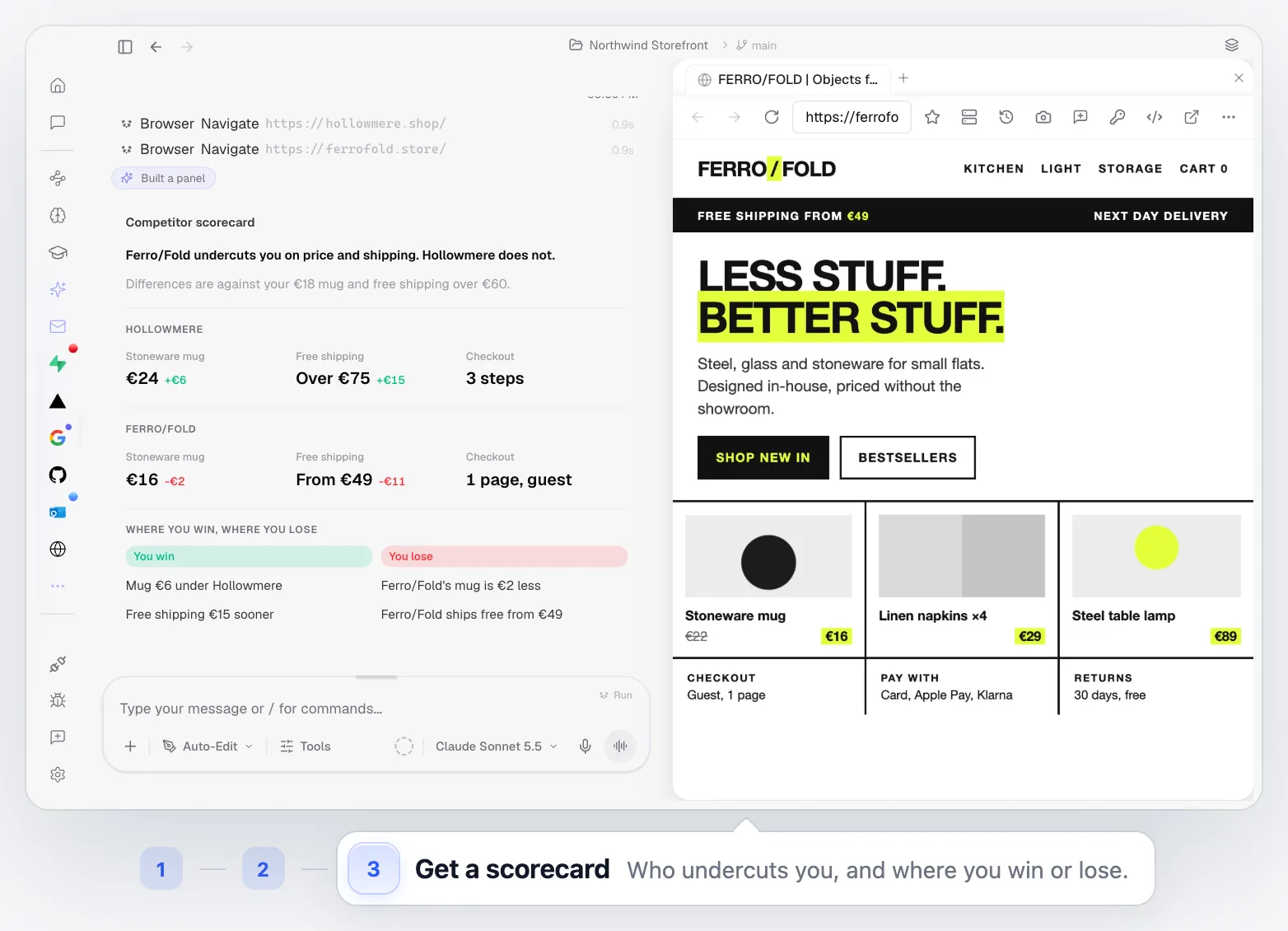 PandaOS visiting two competitor shops in its built-in browser and answering with a scorecard in the chat: prices, free shipping, checkout, and where you win or lose.