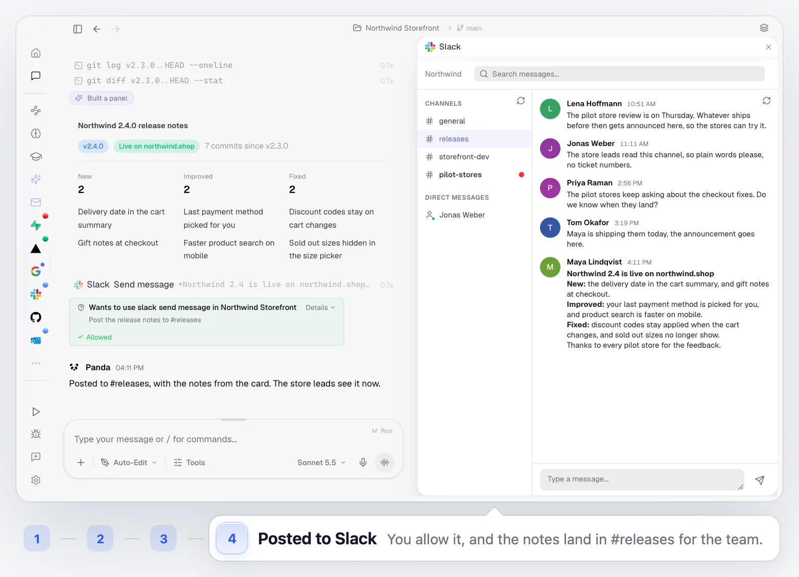 PandaOS pushing a change after asking first, Vercel putting it live, the release notes written from the real diff as a card in the chat, and the notes posted to the team's #releases channel in Slack once you allow it.