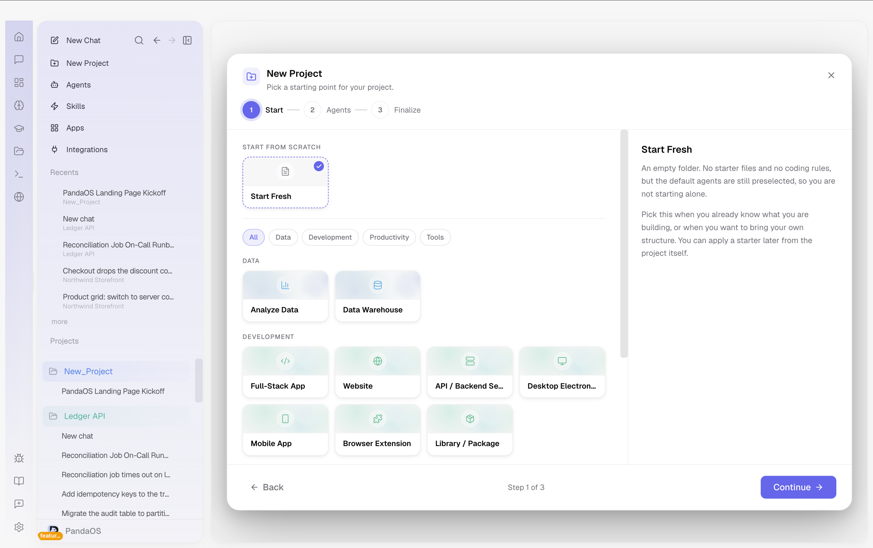 The New Project wizard, step one. Start Fresh for an empty folder, or one of the starters grouped by what you are building.