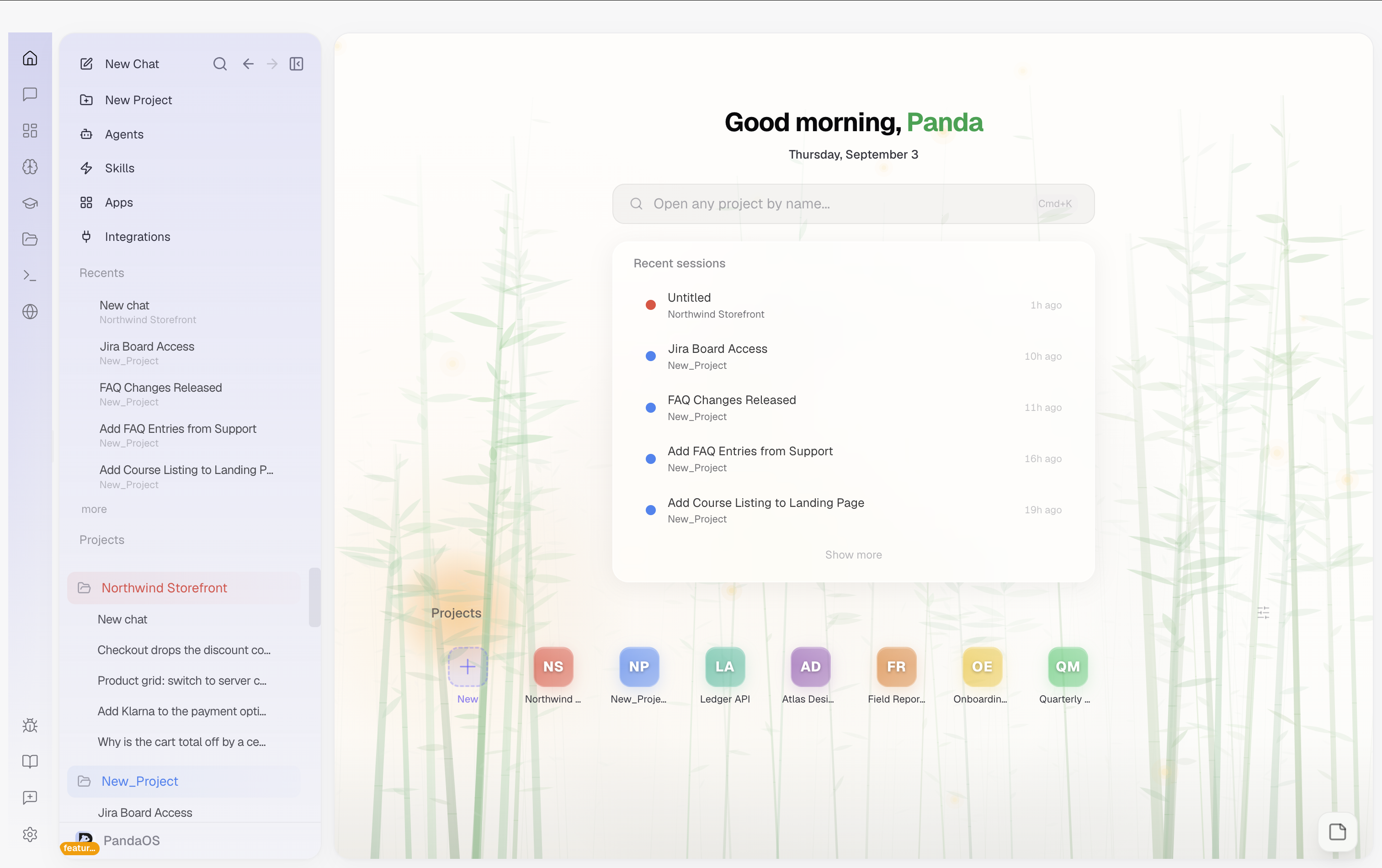 The dashboard: recent sessions across every project, and the project row beneath them.