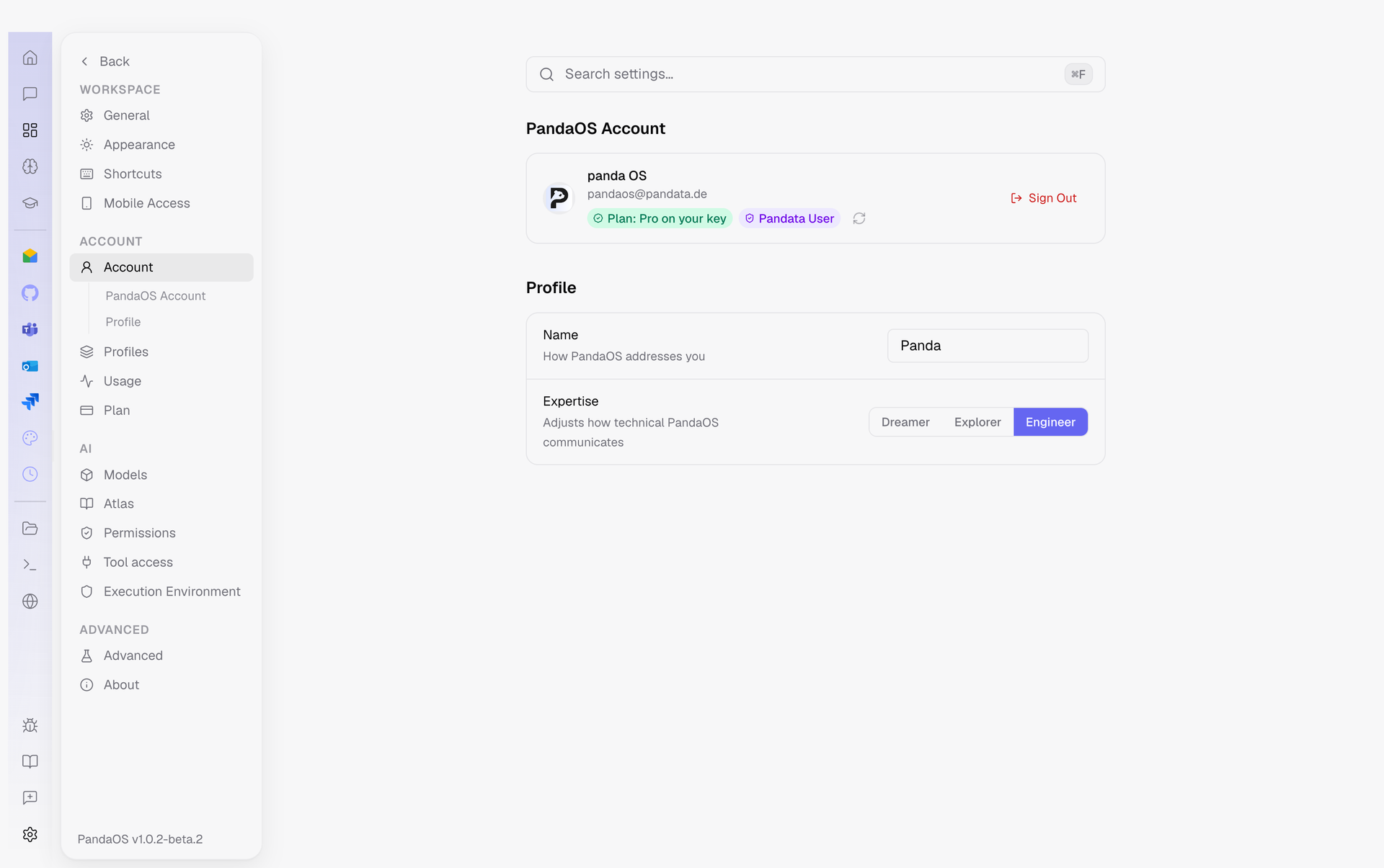 Settings, Account. The signed-in account, its plan, and your profile.