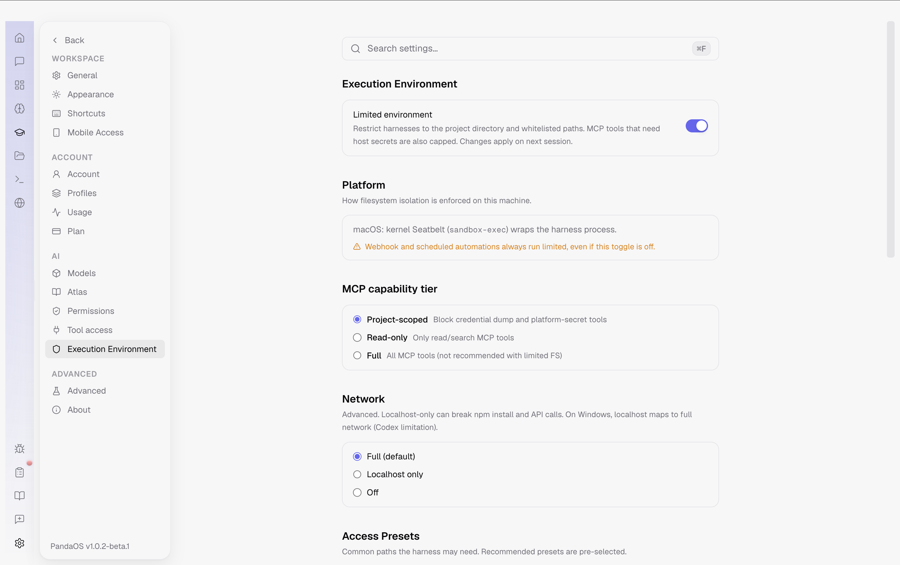 Settings, Execution Environment. The limited-environment switch, the platform that enforces it, and what MCP tools may reach.