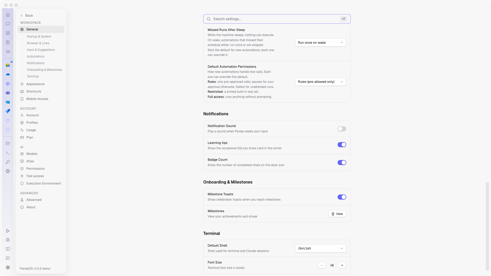 Settings, General. What PandaOS interrupts you for, and how.