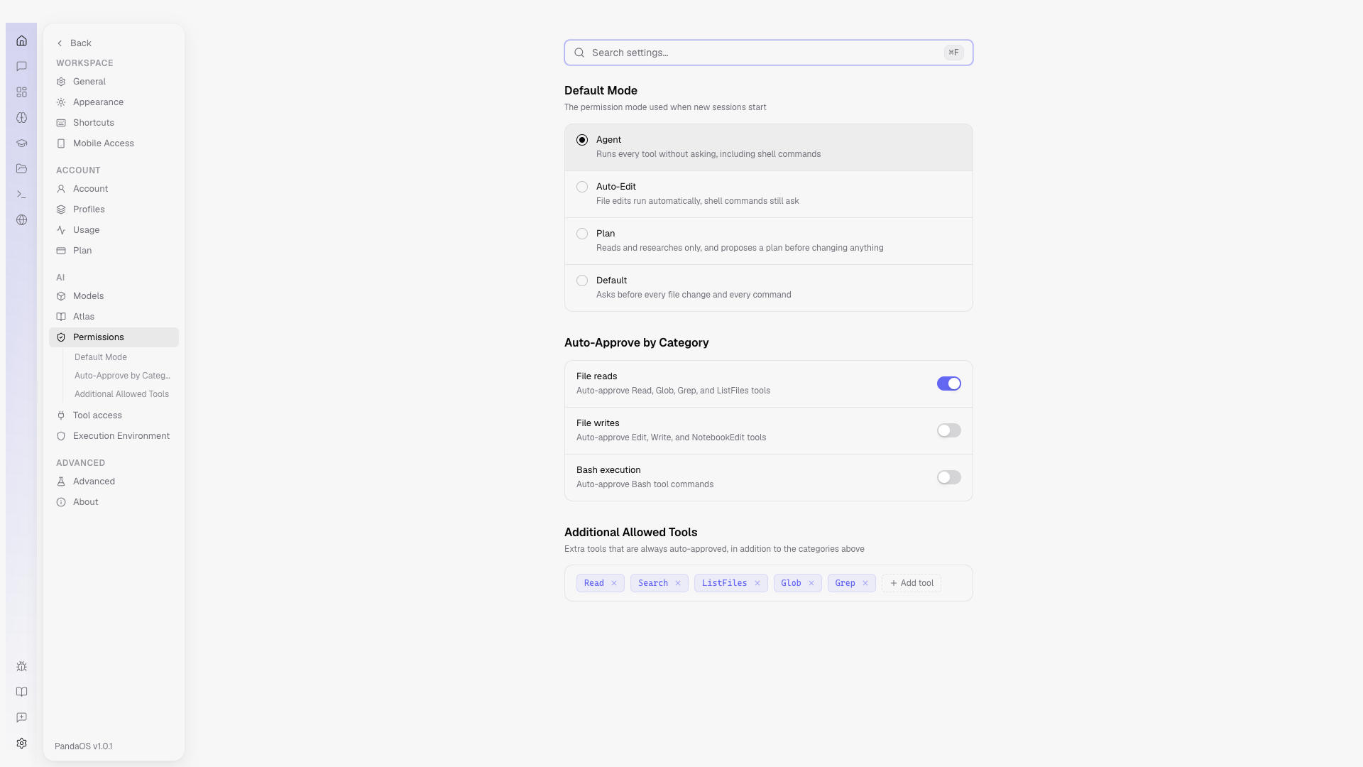 Settings, Permissions. What the app may do without asking, per project.