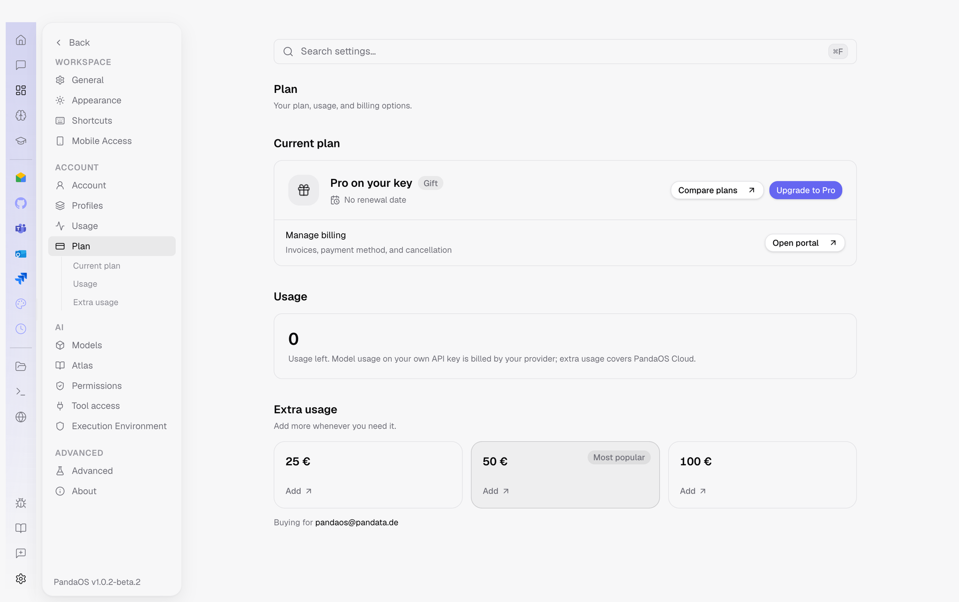 Settings, Plan. The current plan, the usage left, and the packs that top it up.