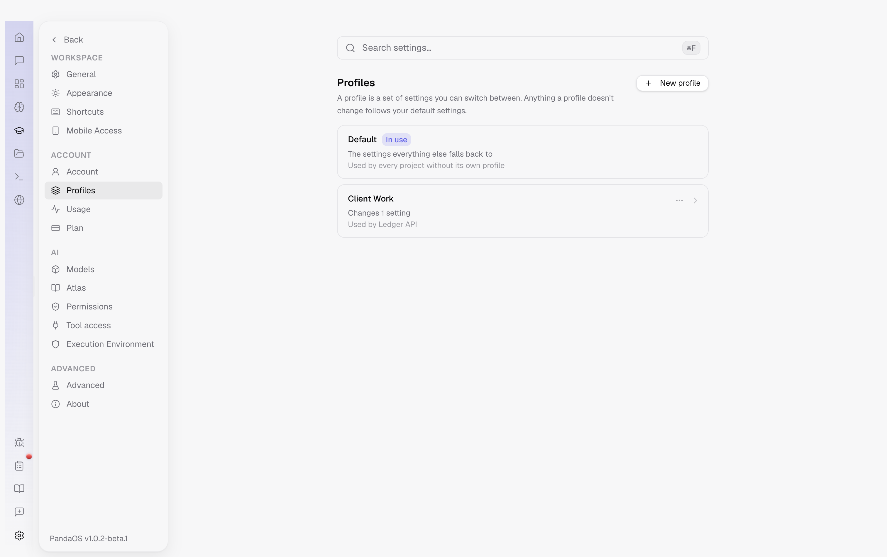 Settings, Profiles. The default everything falls back to, and a profile pinned to one project.