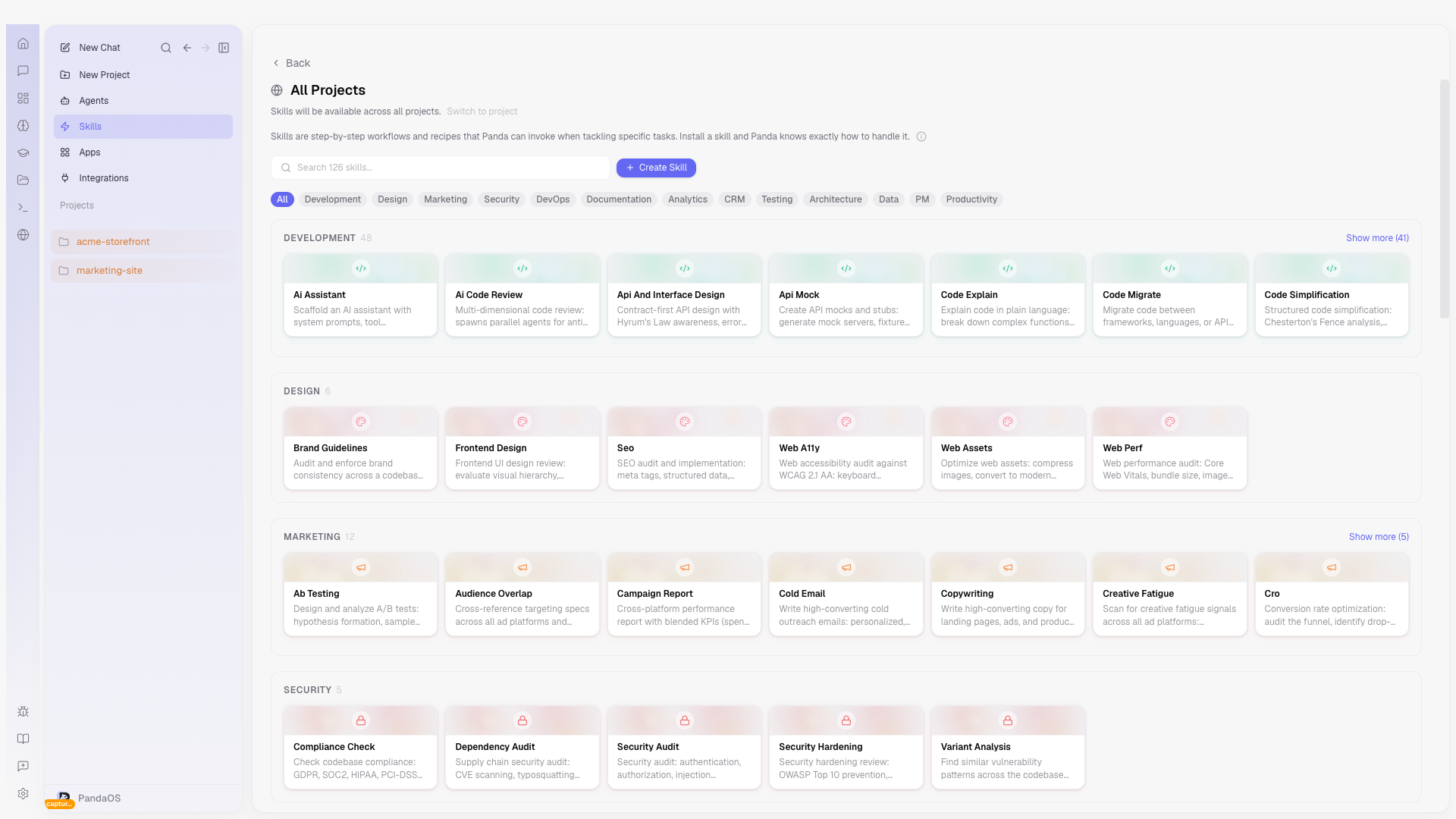 Customize, on Skills: the skills installed in each project. Add skill opens the catalogue.