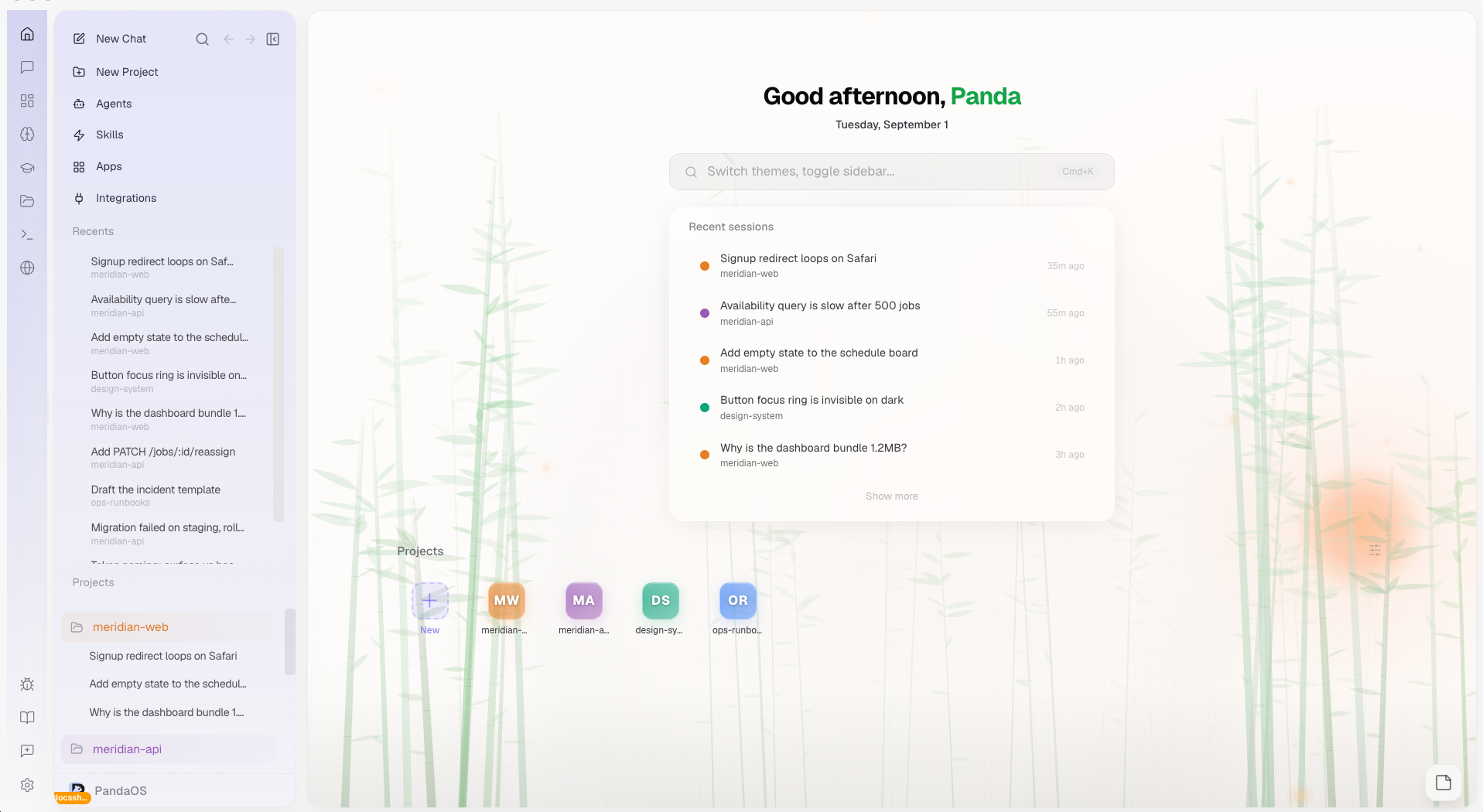 The dashboard: recent chats above, a card per project below.